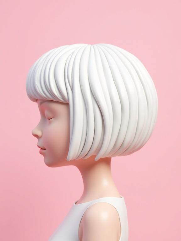 3D illustration of a character with white short hair styled in a bobcut on a pink background