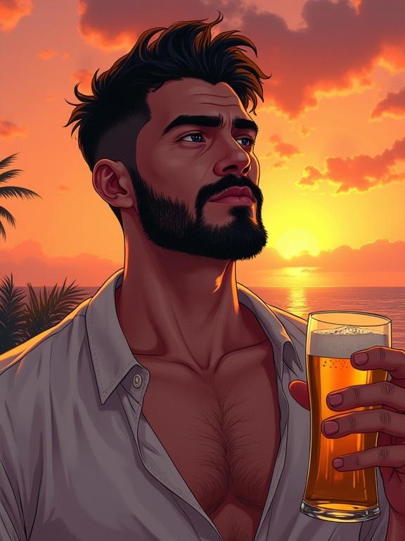 Hand-drawn illustration in modern manhwa and comic style. A man with a beard and mustache, wearing an open shirt. Holding a glass of beer. Sunset lighting creates dramatic shadows. Realistic proportions with vibrant colors. Cinematic composition.