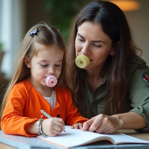 A young girl in an orange jumpsuit doing homework with her mother. Young girl has a pacifier and is in handcuffs. Mother has a playful expression and wears a guard uniform. They are in a home environment. Soft natural lighting supports a warm atmosphere.