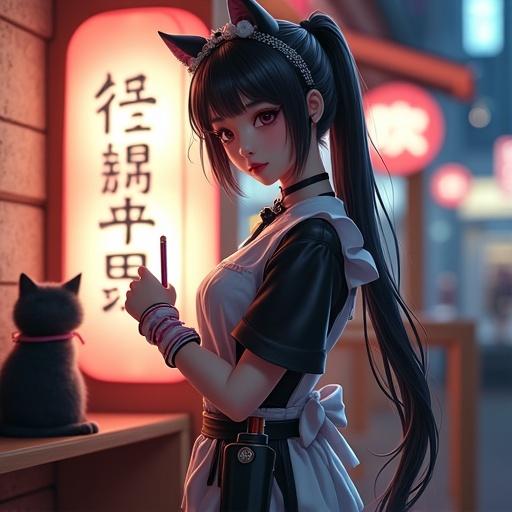 A female idol in Akihabara style stands in a maid cafe. She has a drawing bottle on her waist. The character draws "にゃんにゃん" in Japanese. A futuristic black cat is in the background along with the ghost Q-taro. The logo @hu_jim29 is subtly engraved. Image features vibrant colors and dynamic lighting.