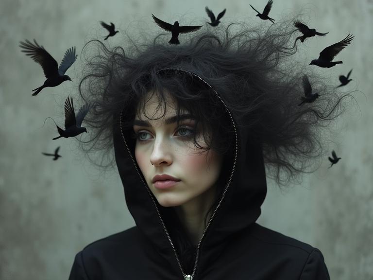 Surreal portrait of a person in a black hood. Hair blends with flying birds. Serene expression on partially visible face. Textured grey background adds to dreamlike atmosphere.
