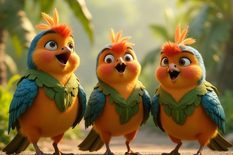 Close-up of vibrant anthropomorphic birds with iridescent feathers. They stand on two legs wearing leafy vests and feather caps. Birds sing joyfully with human-like expressions. Daylight enhances realistic plumage in a lush, sunlit jungle. Ultra-HD 4K image with hyper-realistic details and vibrant colors.