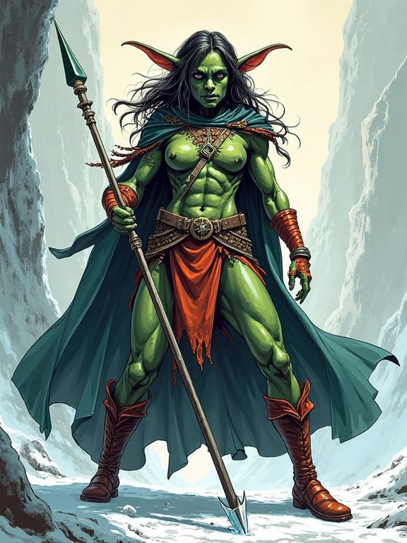 Comic illustration of a powerful female goblin fighter. She holds a spear with iced breath visible. The character has prominent muscles and wears detailed fabric. The composition is cinematic with bold outlines.