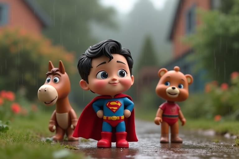 A focused 4K ultra-HD animated scene with toys in a garden. Red cape blue suit character with friends. They are all on two legs united with a purpose. Background has a rainy garden.