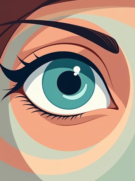 Flat simple vector art spiral illustration with a woman's turquoise blue eye at the center