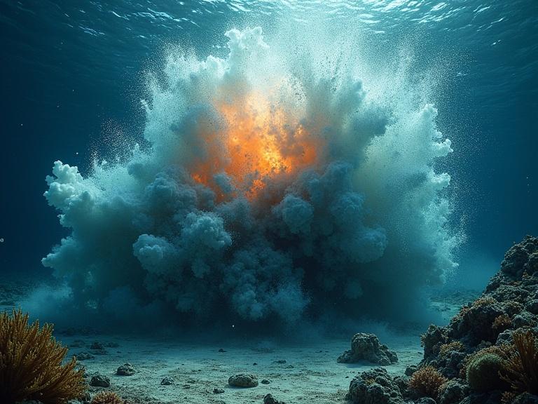 Photorealistic underwater explosion in the deep ocean. Fireball of pressure expands rapidly. Huge bubbles and spiraling vortexes rise. Deep navy blue and golden glow with pale blue-white flashes. Sand suspended; coral debris drifts. Plants bend. Water distorts like glass under shockwave. Extreme detail in bubbles and textures. No creatures present.