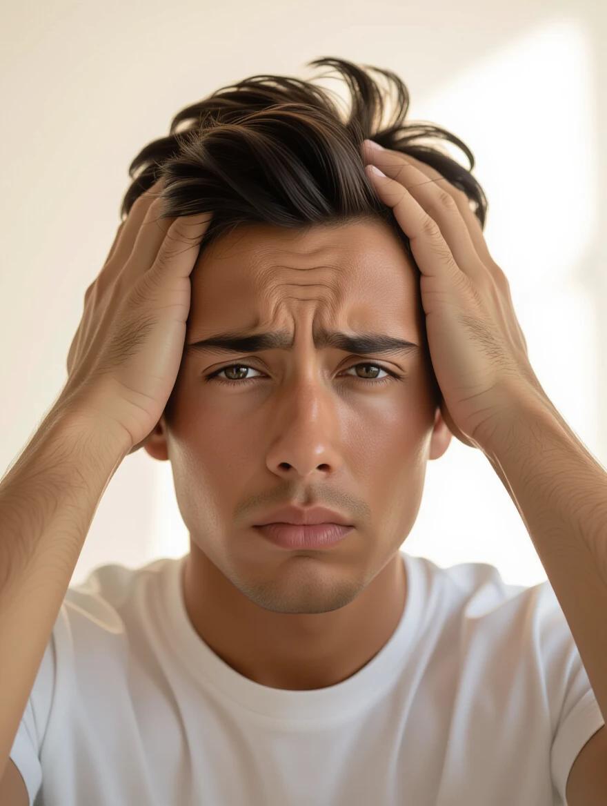 Mexican person showing stress and doubt with hands on head. Dramatic lighting creates emotional depth. Photorealistic portrait capturing natural expressions. Warm skin tones convey a contemplative mood.