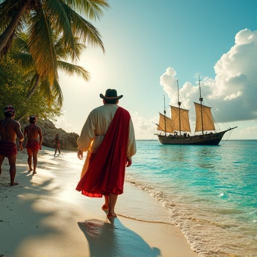 Hyperrealistic photograph of Columbus in 15th century attire stepping onto a Caribbean beach at dawn with caravels anchored in blue waters and Taíno people observing from tropical vegetation