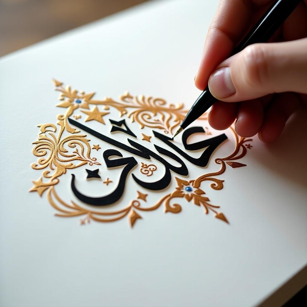 Close-up view of hand using pen to write Arabic calligraphy. Bold black ink on white paper. Steady and focused hand on letters. Intricate designs surround main calligraphy. Soft lighting enhances strokes of work. Features ornate Arabic calligraphy with the word 'حياة', meaning 'life'. Decorative elements like stars and floral motifs. Artwork exemplifies beauty of Arabic script. Suitable for cultural and decorative purposes.