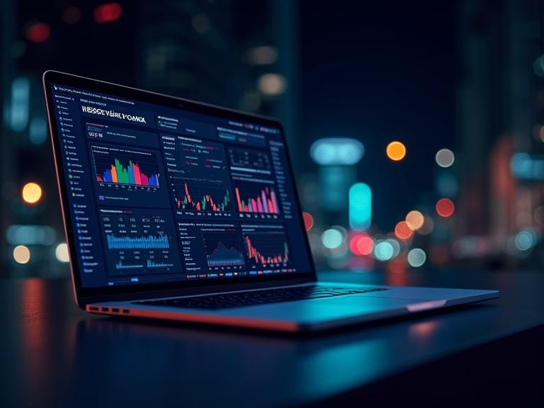 A modern laptop displays an analytical dashboard. It shows graphs, charts, and calendars. The laptop is illuminated against a dark background. The ambiance is sleek and techy, emphasizing clarity and vibrant colors. The background features glowing stock charts, symbolizing mobile banking and investment.