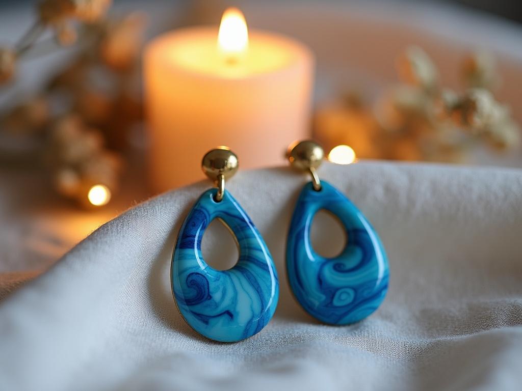 The image features a pair of elegant earrings displayed on a textured fabric. The earrings have a vibrant blue color with swirls of lighter blue and white, giving them a water-like appearance. They have a unique oval shape with a cut-out in the center, making them visually striking. The top part of the earrings has a small golden circular piece that adds a touch of sophistication. Behind the earrings, there is a warm candlelight creating a cozy atmosphere, and some soft, dried plant elements are visible in the background, enhancing the overall aesthetic.