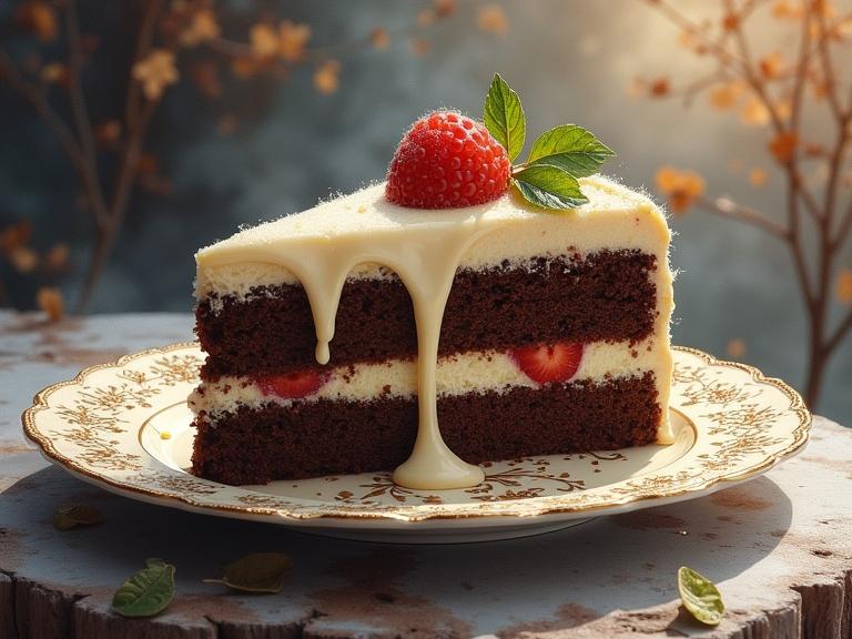 Close-up of a chocolate cake slice with vanilla cascading down decorated with a raspberry and mint leaves on an ornate plate. Ethereal landscape with warm light shining through mist. Soft earth tones with deep blue and red accents. Surreal and hyper-realistic style.