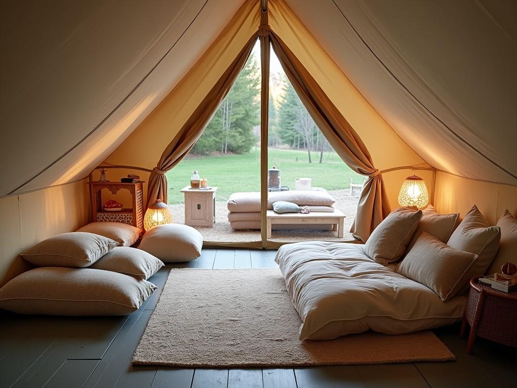 The image shows a cozy interior of a tent with grey flooring. Plush cushions are arranged invitingly on the floor, alongside a soft bed with neutral-colored bedding. The tent has an open entrance, showcasing a beautiful outdoor area with greenery. Warm lighting adds an inviting atmosphere, making it a perfect retreat. This space could be used for camping or a relaxed glamping experience.