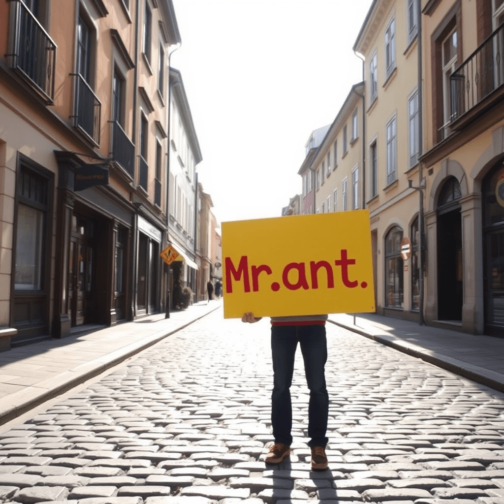 A person standing on a cobblestone street holding a large yellow sign with the words 'Mr. ant.' in bold red letters, surrounded by tall, colorful buildings under a bright sky.