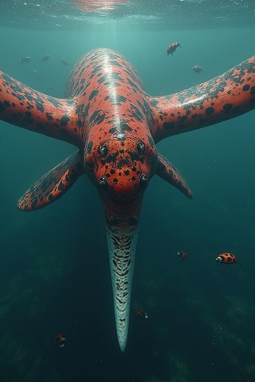 A creature resembling an ancestral cetacean with immense wings and an elephant trunk. Shiny skin is bright red with black polka dots like ladybugs. Swimming underwater with ladybugs.