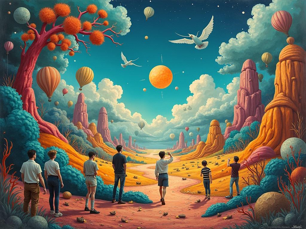 This image features a surreal, dreamlike graphic that could be found on a funny t-shirt. The t-shirt showcases vibrant, abstract shapes and dreamlike landscapes that draw the eye in. Onlookers are interacting with the t-shirt in unexpected ways, perhaps trying to decipher its whimsical designs. Influenced by surrealist artists like Salvador Dali and Rene Magritte, the graphic is painterly and highly detailed, creating a striking visual impact. The composition utilizes an unconventional perspective with unexpected elements scattered throughout, enhancing the overall surreal atmosphere.