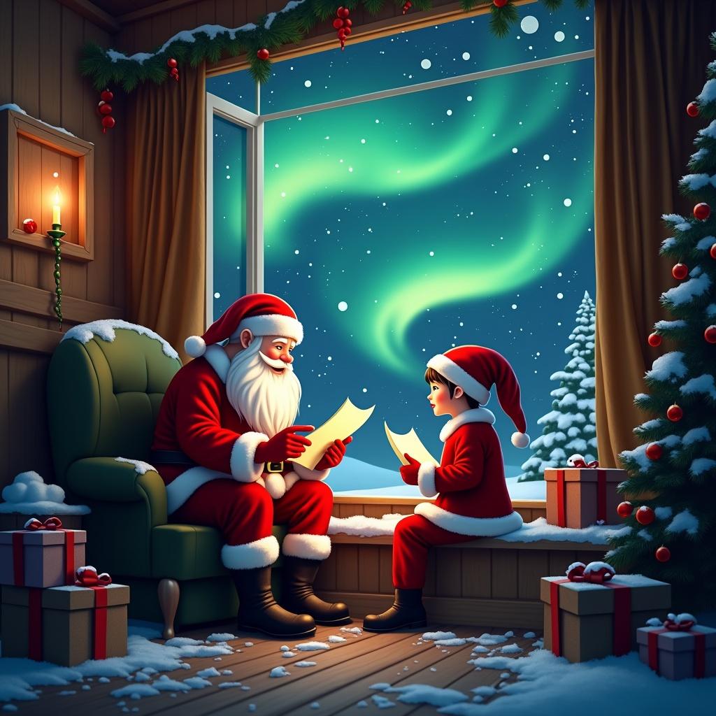 Cozy home scene with Santa Claus and a girl elf. They read notes while outside northern lights shine. Warm, inviting ambiance for Christmas magic. Snow gently falls.