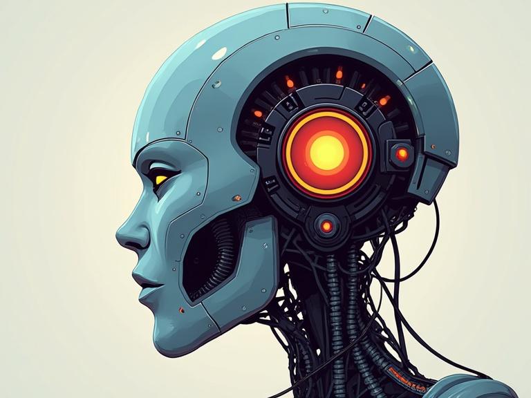 Vector style illustration of a robot head. Features a sleek design with a glowing core. Focus on facial profile with mechanical elements and wires visible.