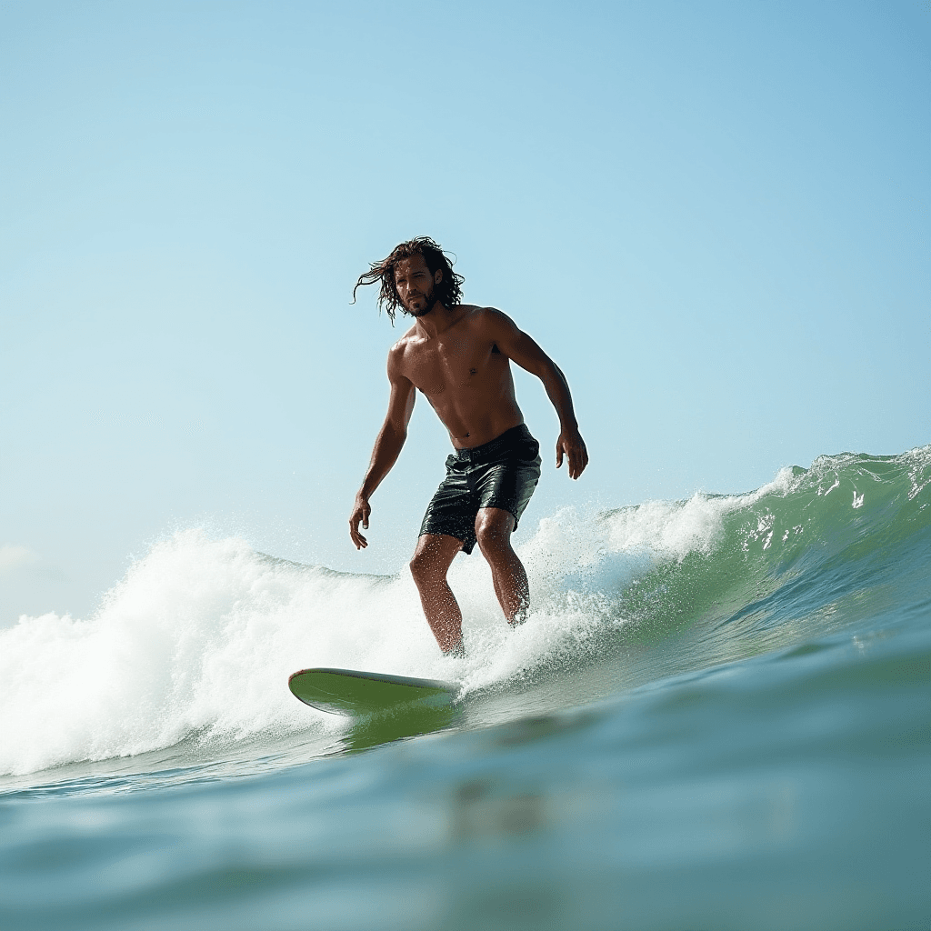 A surfer with long hair skillfully rides a wave on a sunny day, demonstrating poise and balance.