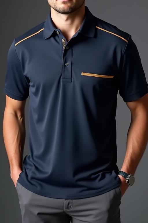 Man wearing a stylish dark blue polo shirt with gold accents designed for luxury hotel environment. He is dressed in dark grey pants with side pockets. The outfit combines modern aesthetics and comfort.
