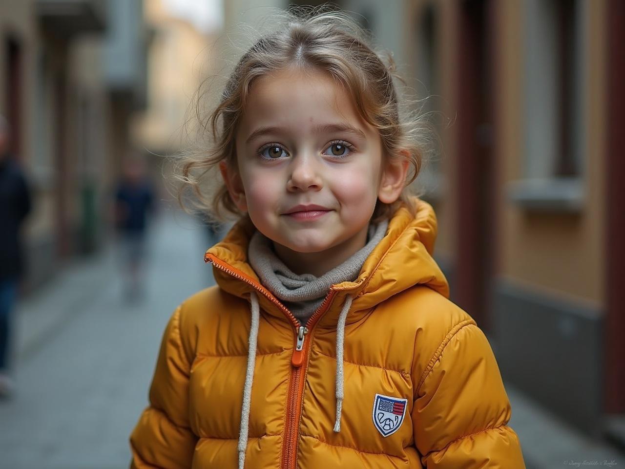 This image captures a young child in a warm, mustard-yellow puffer jacket standing in a blurred urban setting. The child's expression is curious and serene, suggestive of innocence and exploration. The soft lighting emphasizes the child's gentle features, adding to the overall warmth of the scene despite the cool, muted colors of the background.