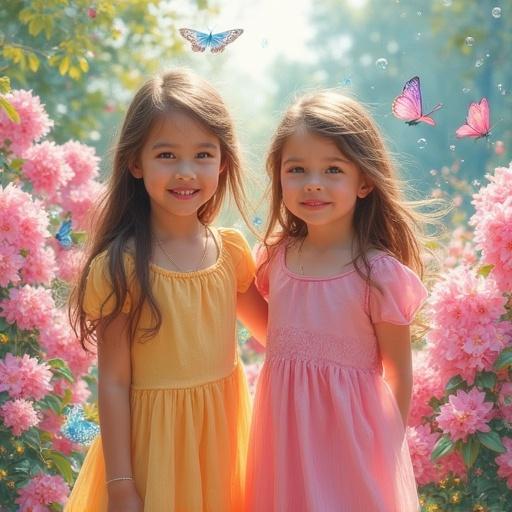 Pastel oil painting of a spring garden. Pink azaleas bloom. Two sisters in dresses play among flowers. Azure butterflies flutter. Smiling faces express happiness. Soft brushstrokes create a fairytale feel.