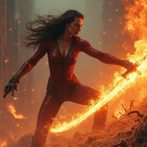 Illustration of a fierce woman in a bodysuit wielding a fire sword. She battles a tentacle monster in a fiery setting. The scene is intense and dynamic.