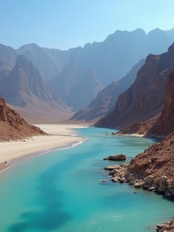 Socotra island landscape features towering mountains and meridian plateaus. A river winds through a canyon surrounded by dry land. The water is turquoise while the sands are white. Forests of unusual trees fill the area creating a raw and natural scene.