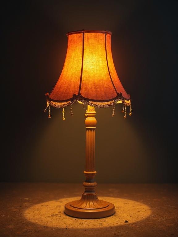 A vintage lamp with a bell-shaped shade stands elegantly. The shade is warm orange with decorative fringes. The lamp is made of wood and provides soft illumination. The background is dark.