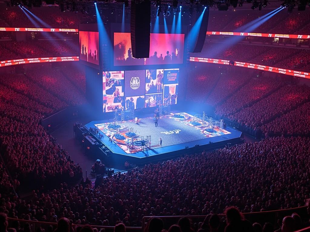 This image captures the electrifying atmosphere of a Travis Scott concert at Madison Square Garden. From a drone's perspective, the stage is the center of attention, surrounded by a massive crowd, all eagerly engaging with the performance. The vibrant lights in red and orange create an exhilarating ambiance, enhancing the live experience. Various screens display visuals, adding to the dynamic energy of the event. The catwalk extending from the main stage allows the artist to connect with fans, making it a memorable experience for everyone involved.