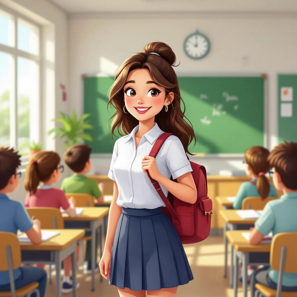 Vibrant animated illustration of a bright classroom. A young girl with a red backpack and a smile stands in the center. Other students are visible in the background. The scene is filled with sunlight and greenery outside. The atmosphere is warm and inviting, showcasing joy and energy in learning.