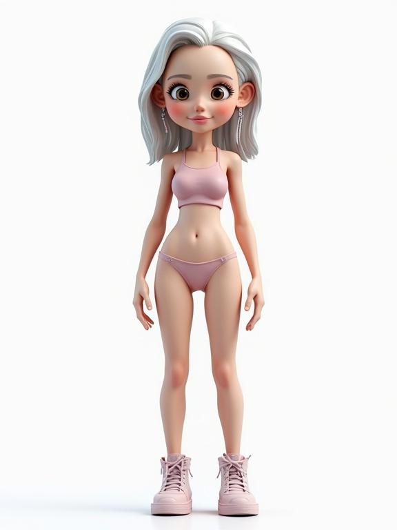 Image of a full body female avatar designed for the metaverse. The avatar features a minimalist art style with a realistic appearance combined with cartoonish elements. The character stands against a plain white backdrop and wears a pink outfit.