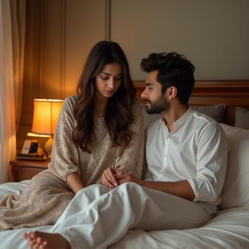 A sad couple sitting in a luxury bedroom. They are wearing traditional Pakistani clothing. The woman appears sad while sitting on the bed. The man is relaxing beside her while holding her hand.