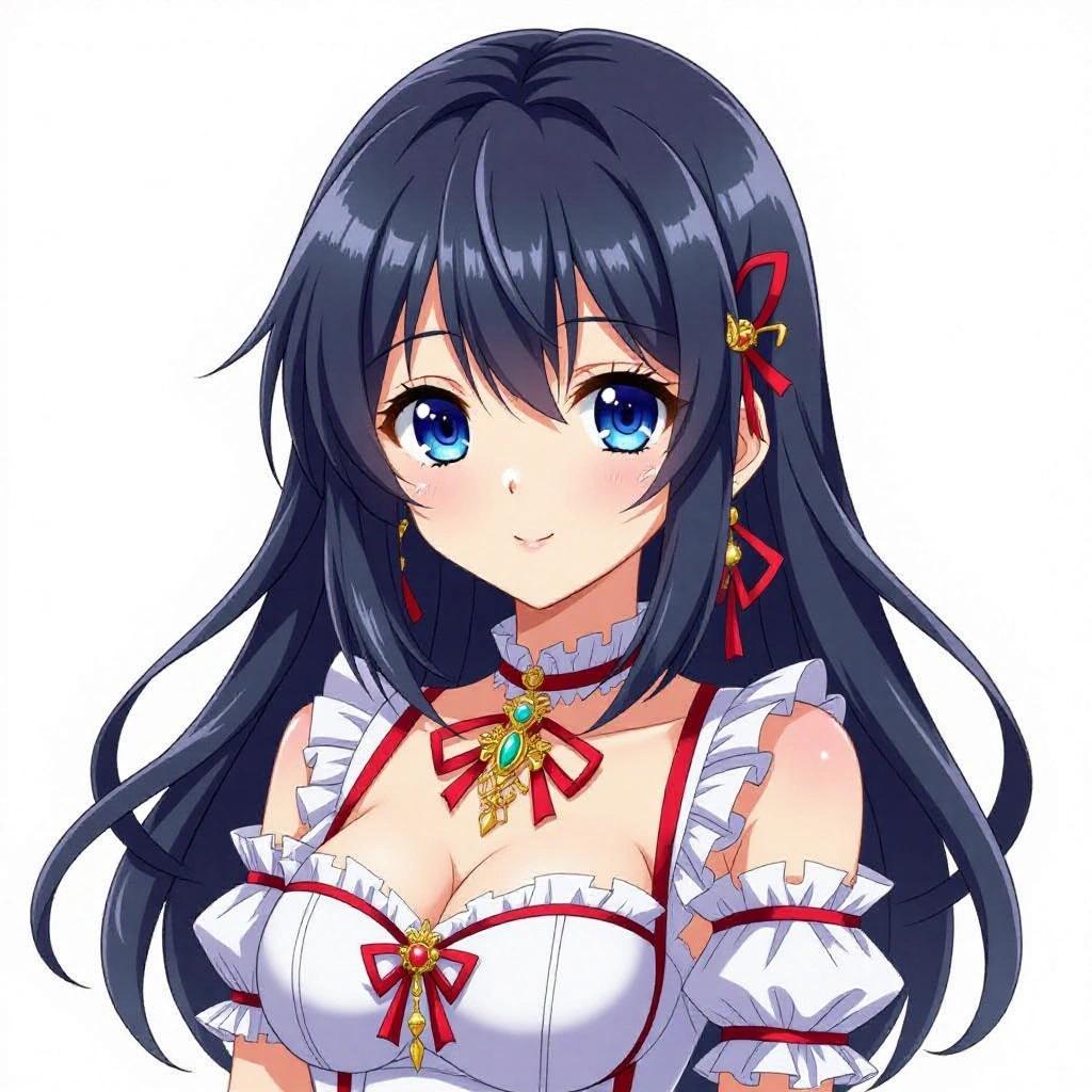 Anime character design of a bunny girl with blue eyes and black hair. The character wears a frilly outfit adorned with bows and jewelry. The expression is cheerful and approachable.
