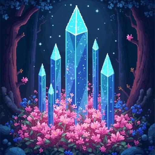 Pixel art depicting a crystal and diamond forest biome. Features multiple large crystals surrounded by colorful flowers. Fantasy theme with vibrant colors.