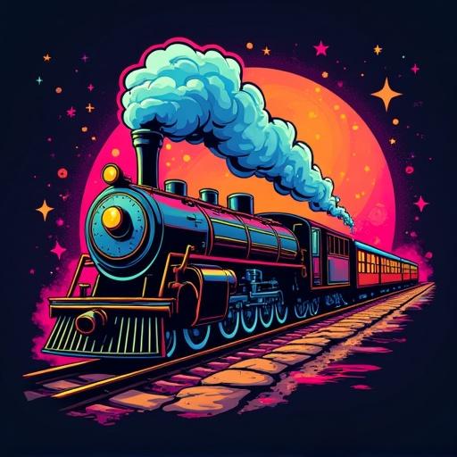 Logo design for FLUXO 073 featuring a colorful train icon with vibrant elements and a fun retro vibe.