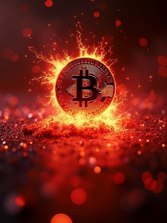 Bitcoin graphic with bright energetic background. Price at $104,000 in large numbers. Visual touch representing a booming market. Fire or explosion symbol to reflect vivid red.