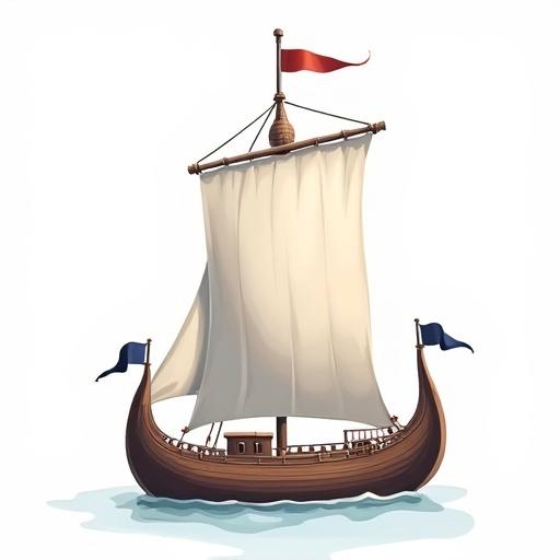 Illustration of a medieval Viking ship with a full sail and flags. Simply designed with no lighting or shadows. Presented in a 2D vector style with a matte finish. The ship is centered with an isometric perspective.