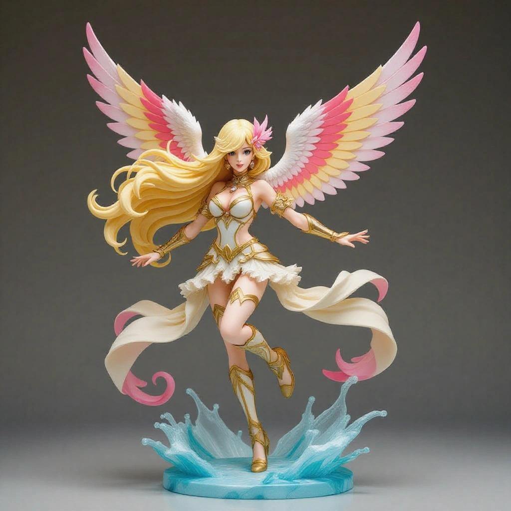 Stylized female resin figure inspired by a mythical bird. Elegant and sensual design. Long blonde and pink hair flowing. Winged outfit in gold and cream with red hints. Wings similar to Pidgeot's. Dynamic landing pose, one leg back. Turned torso, serene expression. Solid base with rocky decorative elements. Design conveys lightness and elegance.