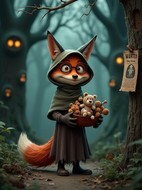 3D cartoon illustration of a sinister fox disguised as an old woman. Standing in a shadowy forest clearing. Holds a bowl of suspicious toys. Wears a tattered shawl with cracked round spectacles. Bonnet fails to conceal sharp muzzle and pointed ears. Paw in torn gloves clutches charming toys. Dim autumn forest with twisted trees. Abandoned children's shoes scattered on the ground. Glowing yellow eyes watching from underbrush. Style reminiscent of 'Coraline' and 'Over the Garden Wall'.