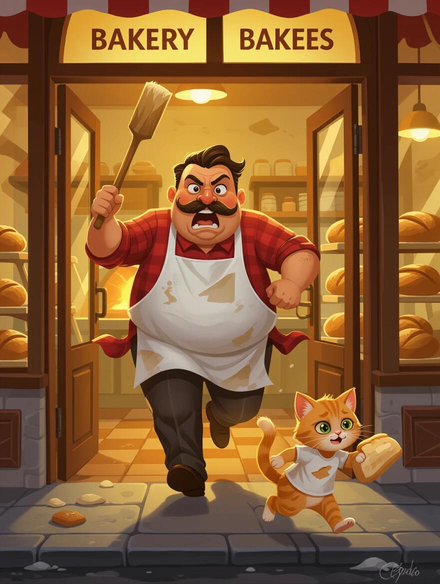 A bakery shopkeeper is storming out of a cozy, warm-lit bakery. He holds a wooden stick in the air angrily. The bakery glows with warm light and has shelves filled with delicious bread and cakes. The street outside is dark and cold. An orange kitten runs away holding stolen bread. The kitten looks terrified. Pixar-style emotional character design, ultra-detailed expressions, cinematic lighting, motion blur on shopkeeper, shallow depth of field on kitten, semi-realistic style, 4K resolution.