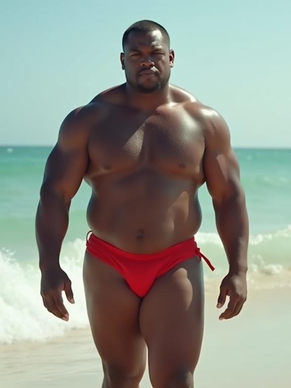 Muscular dark-skinned male bodybuilder walks on the beach wearing a red bikini. Bright and sunny day. Cinematic and realistic style with front view perspective.