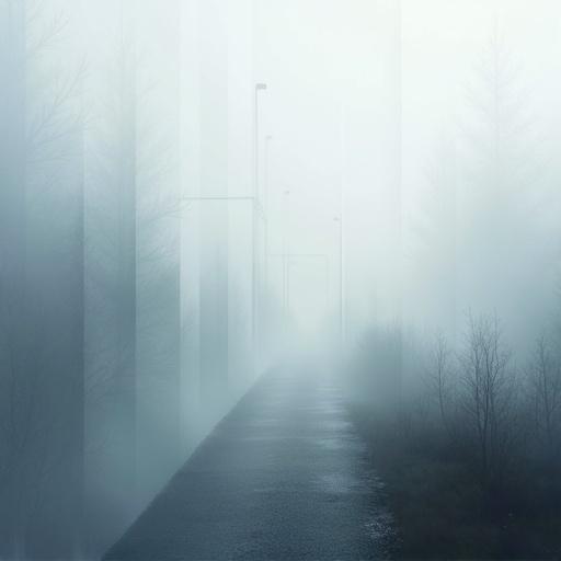 Generate an abstract expressionist image. No solid shapes or forms. Lateral horizontal arrangement. Use clouds mist and fog. Black white and gray tones. Emphasize atmospheric perspective. Create a serene and evocative mood through soft diffused light. Apply limited muted blue gray and white palette. Use layering blending techniques and subtle tonal variations. Suggest depth with individual focus and smooth transitions.
