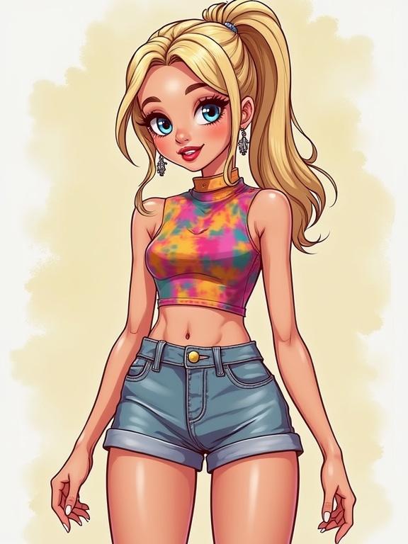 Illustration of a fashionable female teenager. Portrayed in a colorful crop top and denim shorts. High ponytail hairstyle with earrings and glamorous makeup. Set against a trendy background. Comic book style with soft lighting.