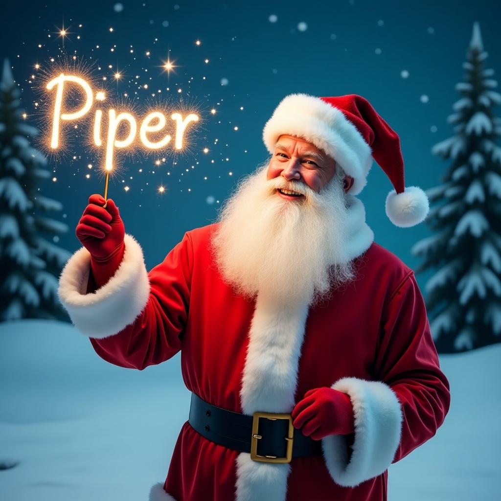 A jolly Santa Claus in a snowy landscape. Holding a magical wand that shines with sparkles the name Piper. He wears a classic red suit with white fur trim and a matching hat. Santa's eyes twinkle with joy. Behind him, there's a snowy scene with evergreen trees and a starry night sky. The atmosphere is festive and magical.