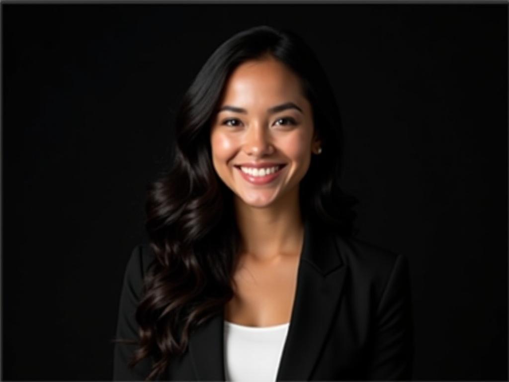 The image features a confident young woman with long, wavy black hair, fair skin, and a bright smile. She is wearing a black blazer over a white top, which contrasts effectively with the dark background. The composition centers on her face, with a soft light highlighting her features and creating a professional yet warm atmosphere.