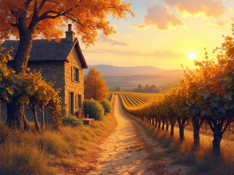 Watercolor of a vineyard in autumn. Heavy grapes and a stone cottage under the golden sun. A sanctuary reflecting slow time.
