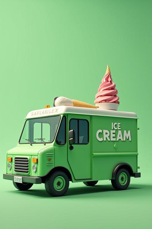 A stylized green ice cream truck with a pink soft serve cone on top. The background is a simple green color, emphasizing the truck's vibrant design.