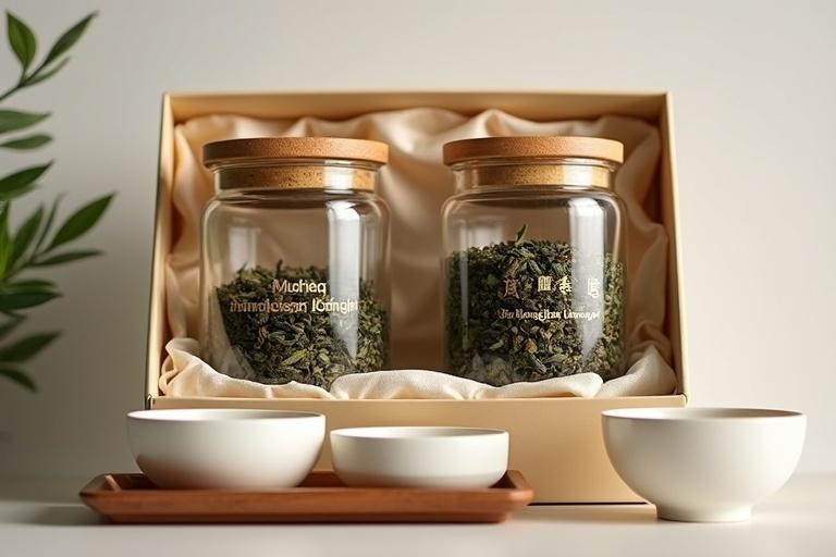 Mingqian Longjing tea in beige gift box with velvet liner. Two glass jars filled with tea leaves. Jars labeled Mingqian Longjing. White teacups and tea trays with broth.