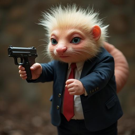 An axolotl-human hybrid in a suit holds a gun. Soft neutral colors with a whimsical touch. Shows a playful interpretation of a political scenario.